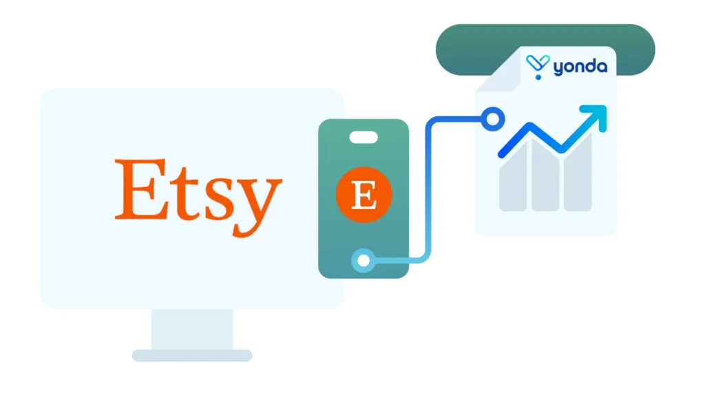 A computer holding the Etsy logo connects to a graph illustration with the Yonda Tax logo.