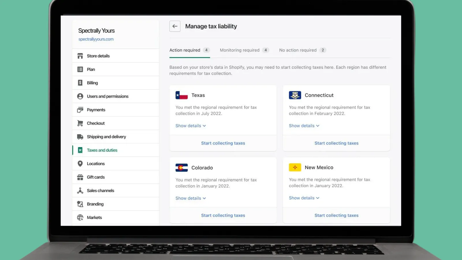 The ‘Taxes and Duties’ section of the Spotify Tax settings page is shown on a grey laptop in front of a green background.