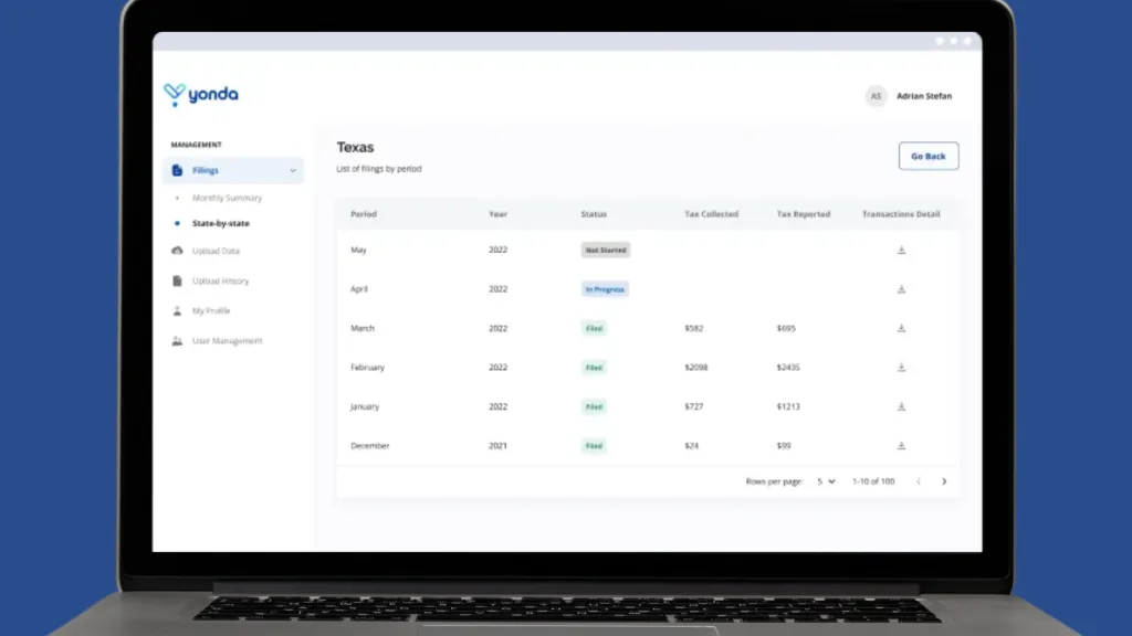 A laptop displays the Yonda Tax ‘filings’ page with a list of sales tax filings by period for the state of Texas.